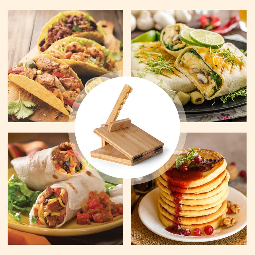 SweetSerenade Presse à tortilla de 25,4 cm avec rouleau à pâtisserie, grand moule à tortilla en bois de bambou avec 50 pièces de papier sulfurisé