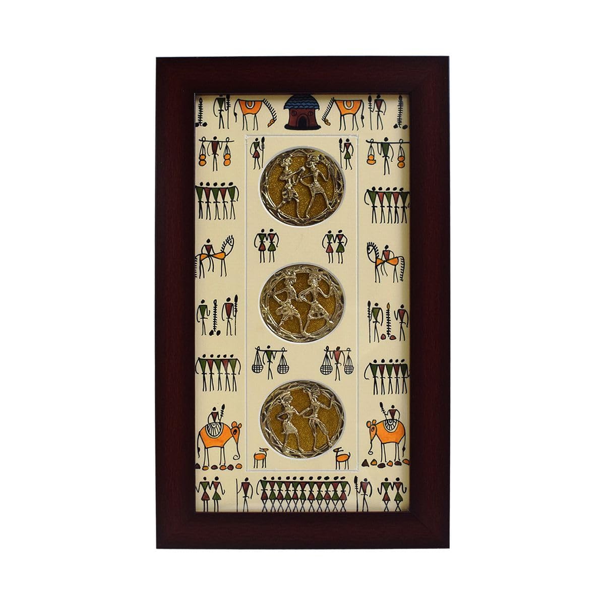 Tarang Arts Warli Art Tribal Wall Hanging Frame with Dhokra Metal Medallions, Traditional Indian Folk Art Decor, Dark Brown Wood Frame, 3 Brass Circles