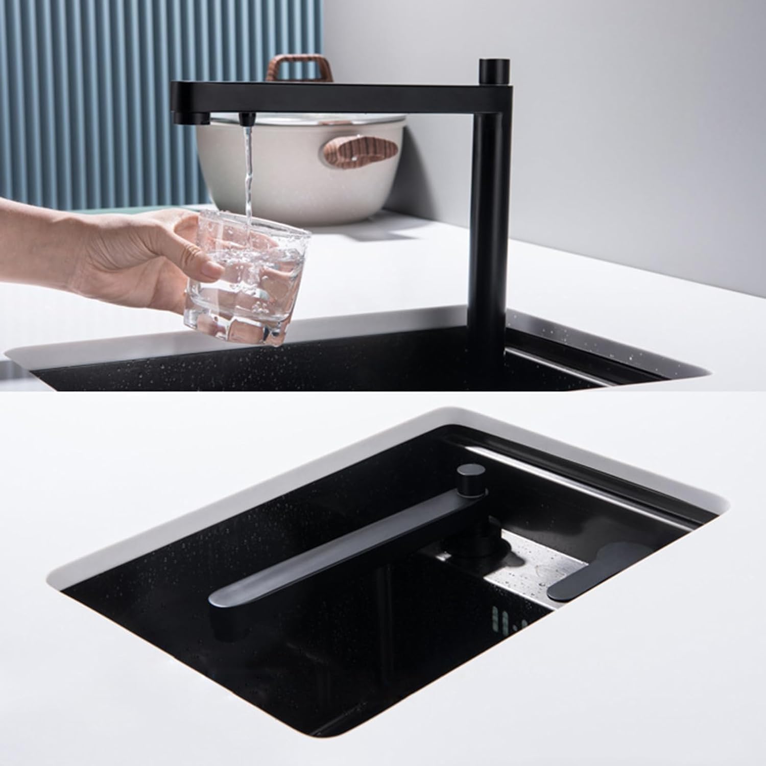 Grifo de 3 vías, grifo negro con filtro de agua de 3 vías, grifos de cocina para beber, grifo de cocina para ventana frontal, caño giratorio de 360 ​​°, agua fría y caliente