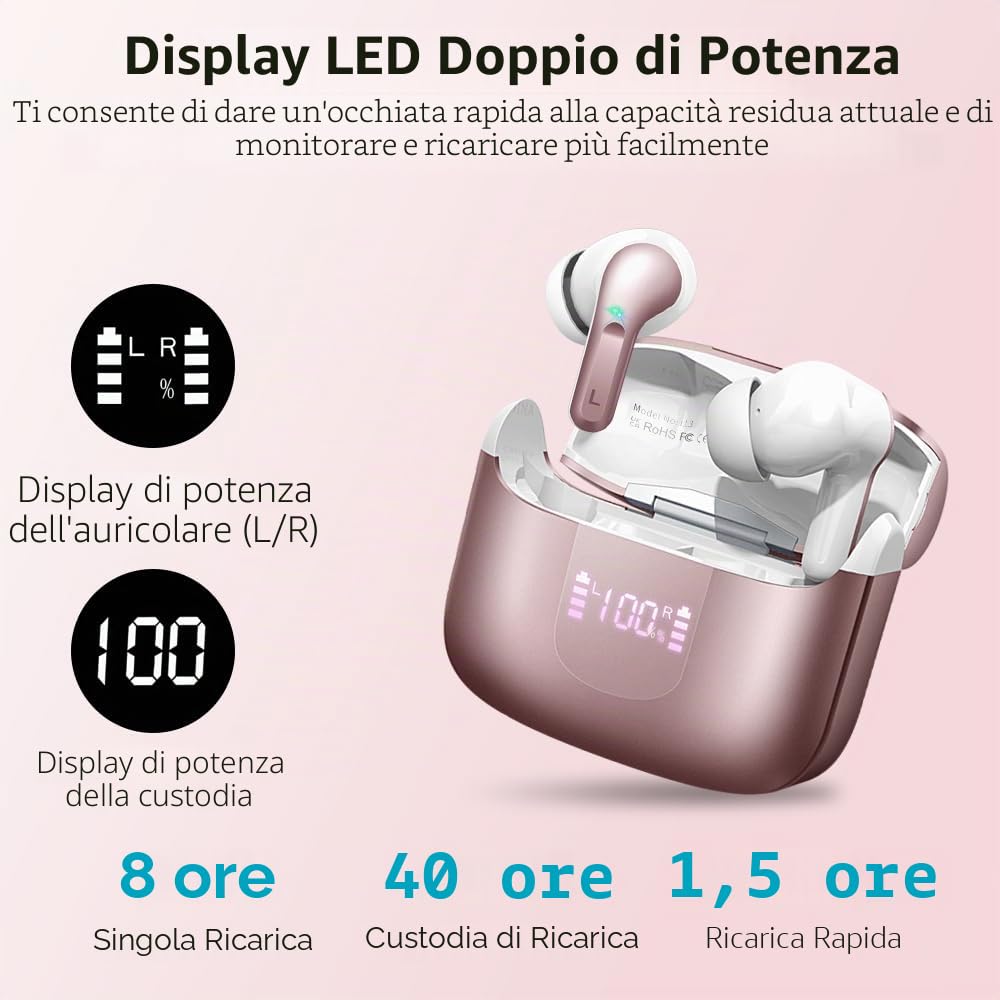 Ordtop Cuffie Bluetooth, Auricolari Bluetooth 5.4 con 4 HD ENC Cancellazione Rumore Mics, 40 Ore HiFi Stereo Cuffiette Bluetooth con LED Display USB-C, IP7 Impermeabili Cuffie Wireless per Android/iOS