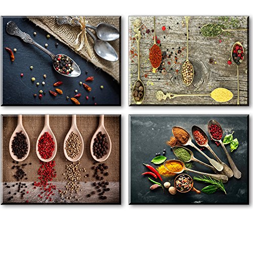 Kitchen Pictures Wall Decor, SZ 4 Piece Set Spice and Spoon Vintage Canvas Wall Art, Ready to Hang Retro Canvas Prints