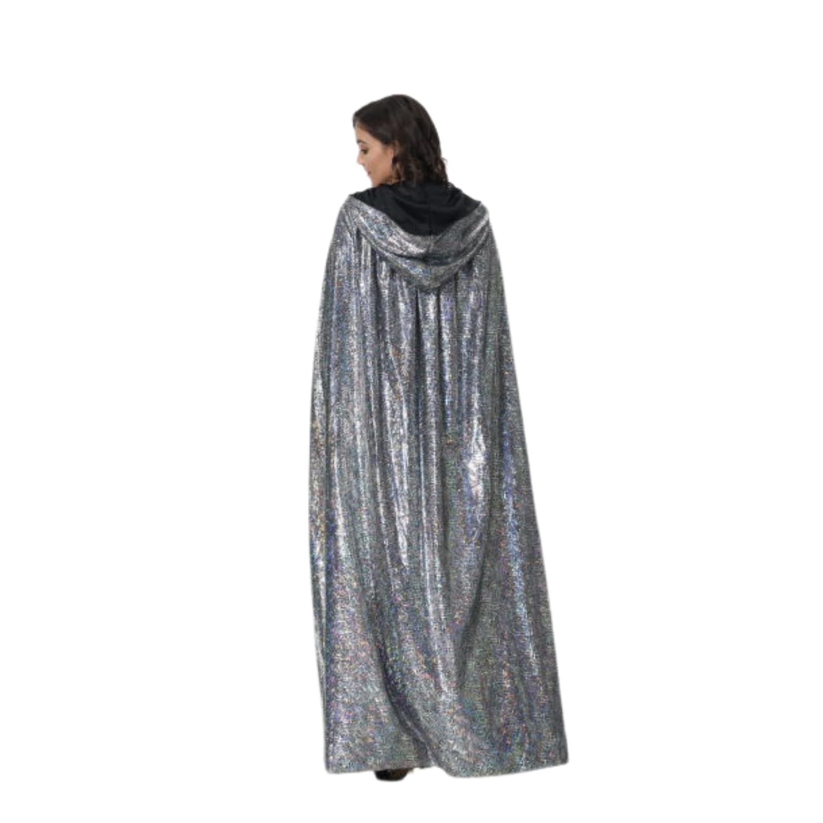 RRCBMD Adult Unisex Full Length Hooded Cloak Sparkle Shiny Cape with Hood Women Men Halloween Mardi Gras Wizard Cosplay Costume Silver 43.3Inch