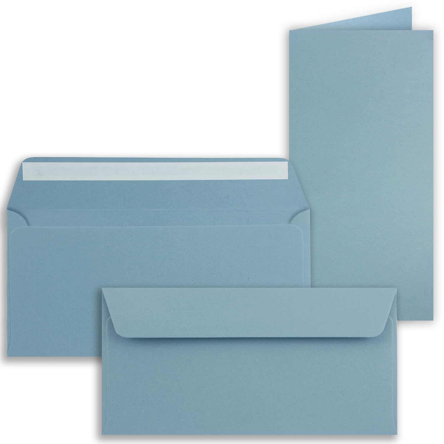 Zestaw 150 kartek składanych z kopertami DIN podłużnych w kolorze szaro-niebieskim (niebieskim) – 21 x 10,5 cm – puste składane kartki i koperty na zaproszenia i pozdrowienia z okazji urodzin i ślubu