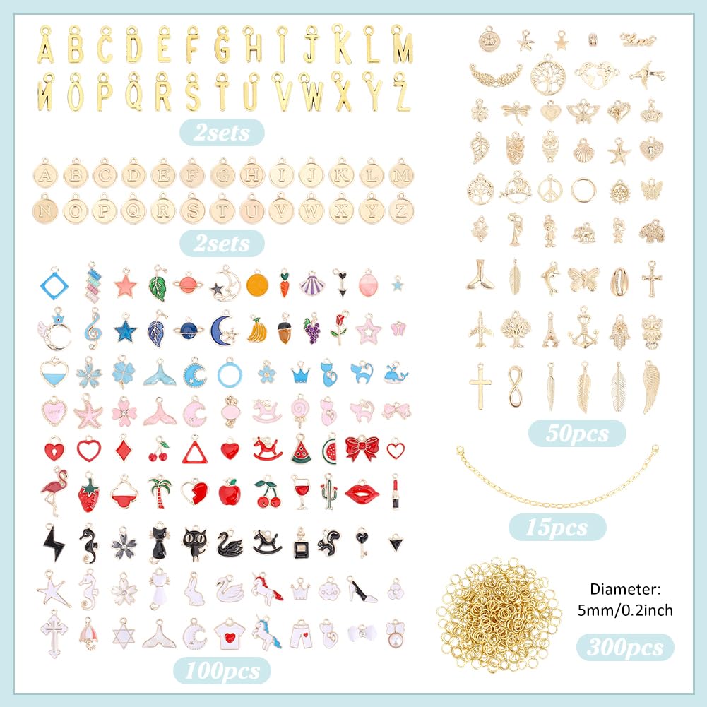 CRAFTYMELODY 569 Stück Charm Armband Herstellung Set Schmuck Herstellung Sets Enthält 5mm Sprung Ringe Büroklammer Kette Armbänder Buchstabe Charms Gemischte Anhänger Sets
