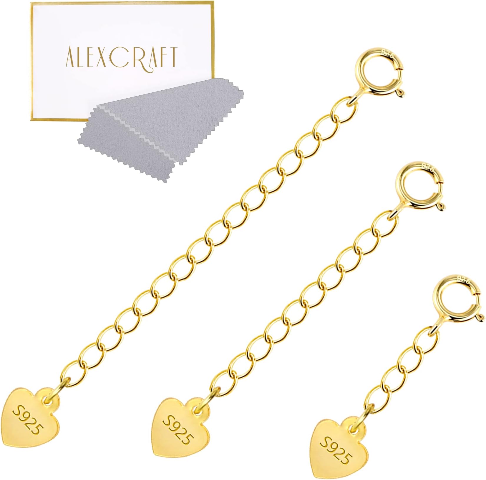 ALEXCRAFT 925 Sterling Silver Chain Extender, 3 Pieces 1 2 3 Inch Extension for Necklace Bracelet Anklet, Silver & Gold, for Jewelry Making