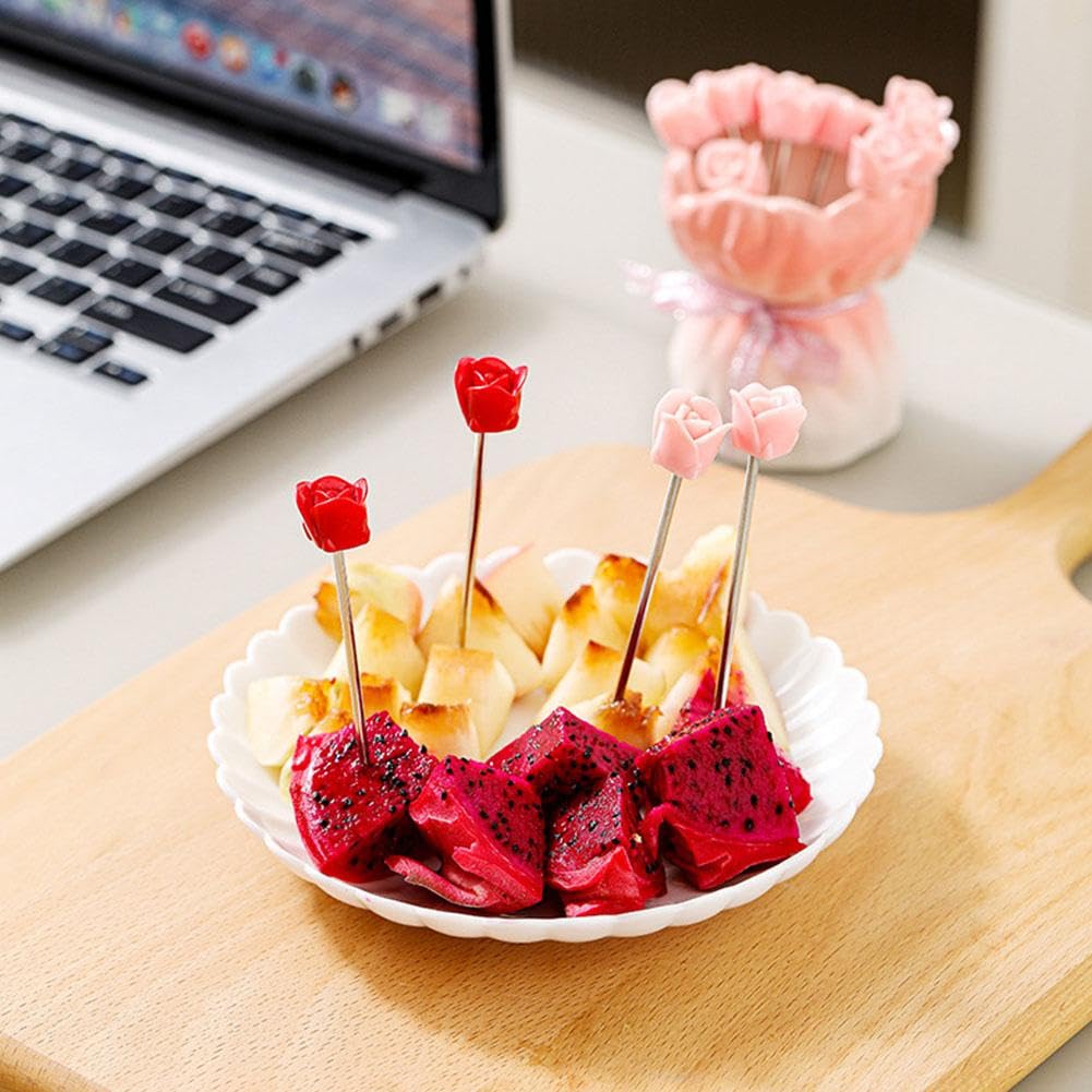 Juego de tenedores de frutas, 12 tenedores de postre de acero inoxidable en forma de rosa con elegante jarrón de almacenamiento de cerámica, tenedores novedosos para cocina, fiesta, comedor