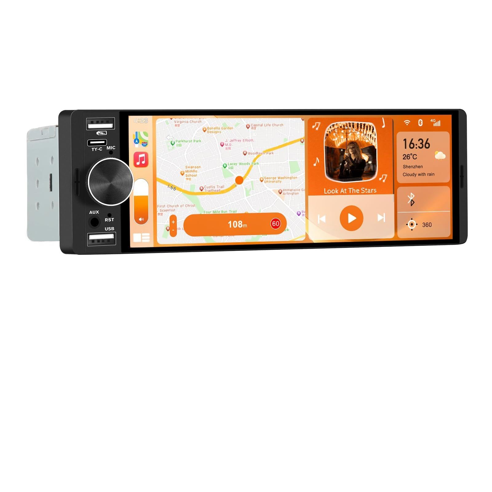 Junsun Radio Coche Universal 1 DIN con 6.36 Pulgadas Pantalla Táctil, con CarPlay/AndroidAuto/Admite