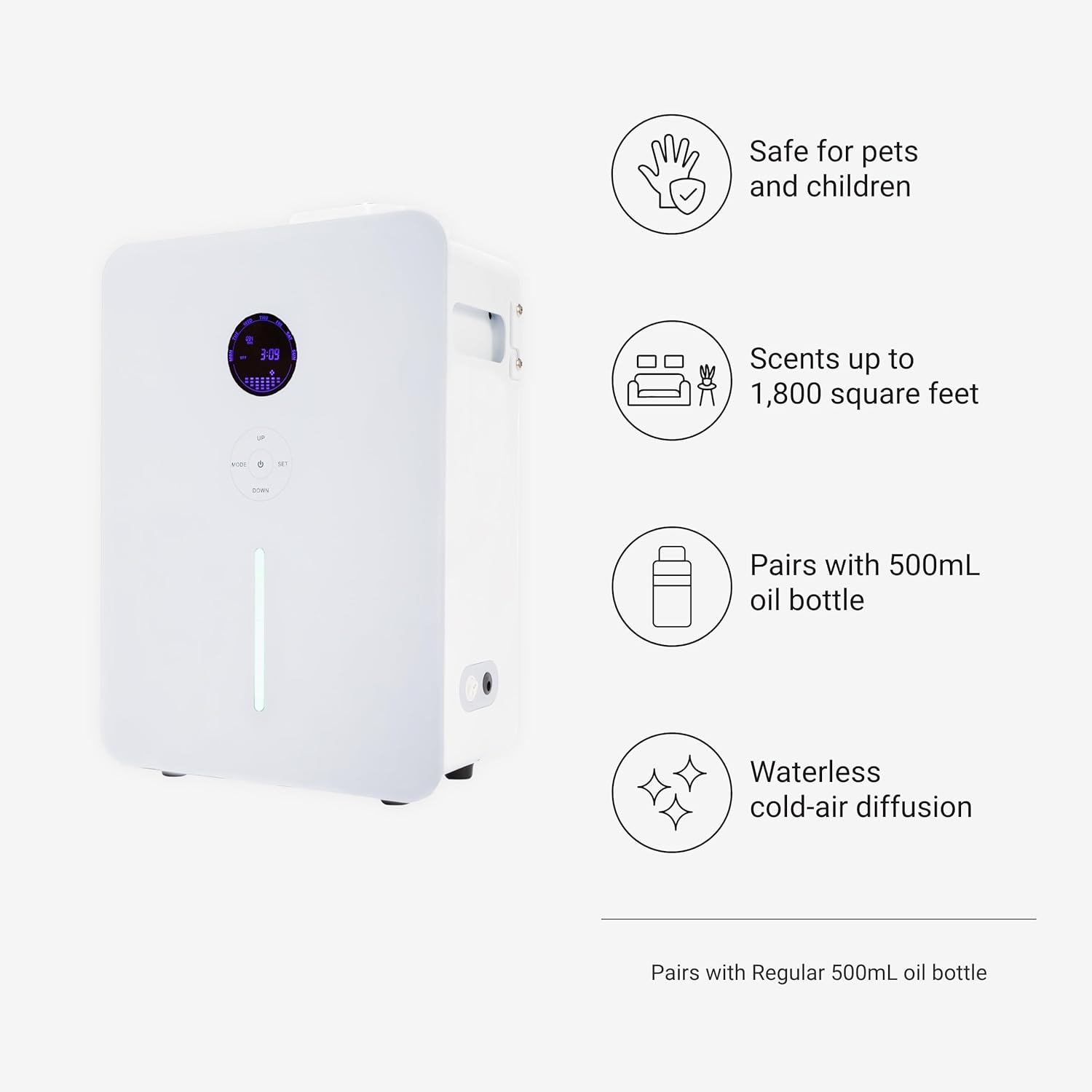 Hotel Collection Villa Scent Diffuser features: safe for pets and children, scents up to 1800 sq ft, pairs with 500mL oil bottle, waterless cold-air diffusion