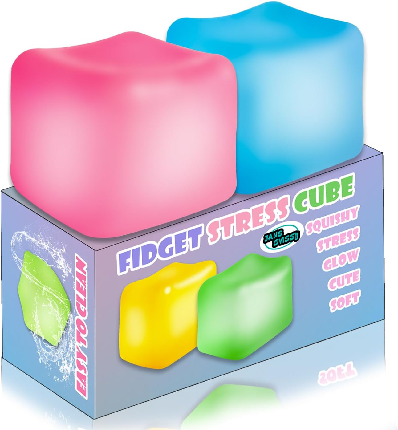 2Pcs Stress Cube Glow in The Dark Toys,Stress Balls for Adults Kids,Squishy Fidget Toys with Super Solid Squishy,Sensory Toy,Ice Cube Toy,High Density Squeeze Balls(Blue + Pink)