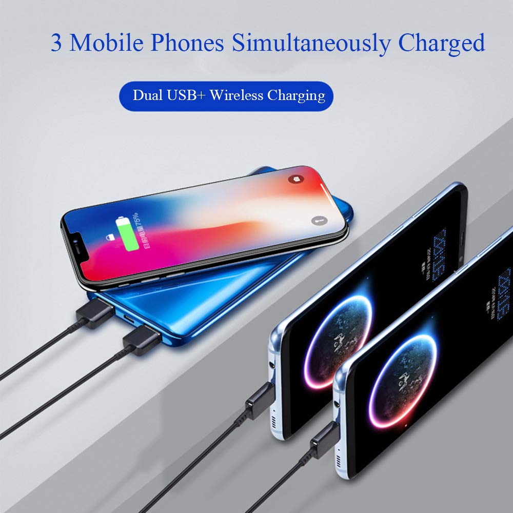 Bateria Externa Wireless 10000mAh Power Bank Cargador Inalámbrico Rápido con Doble USB y Entrada Doble Compatible para iPhone XR/XS/X/8/8 Plus y Todos Móviles con QI