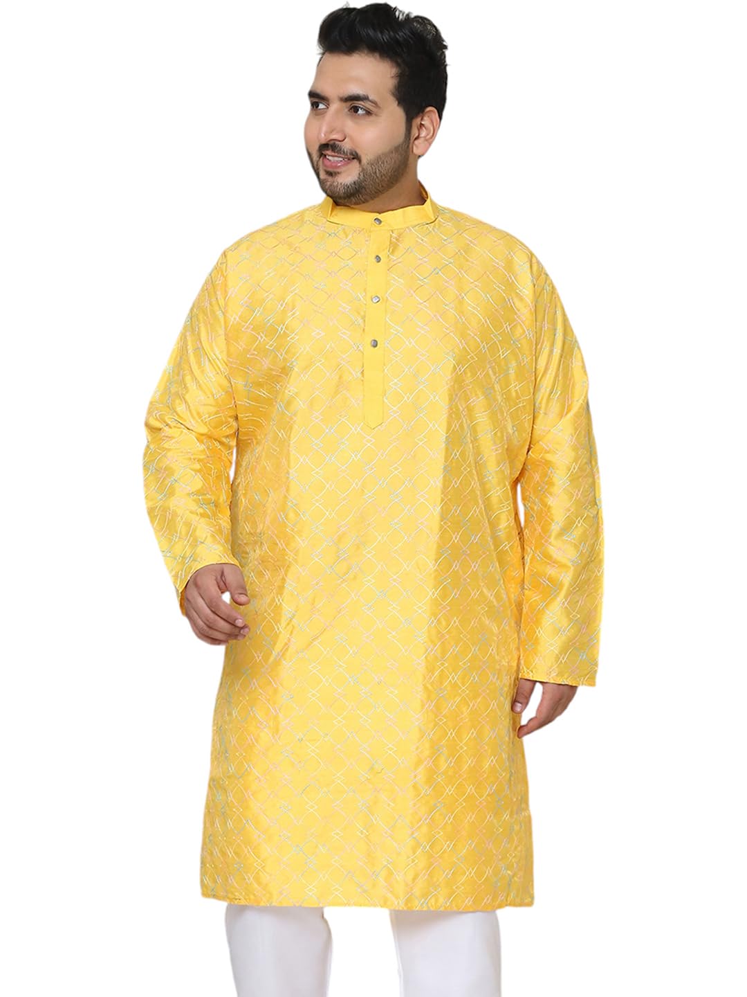 Sojanya Plus(Since 1958) Men's Mustard Silk Blend Long Kurta With Multi Color Embroidery