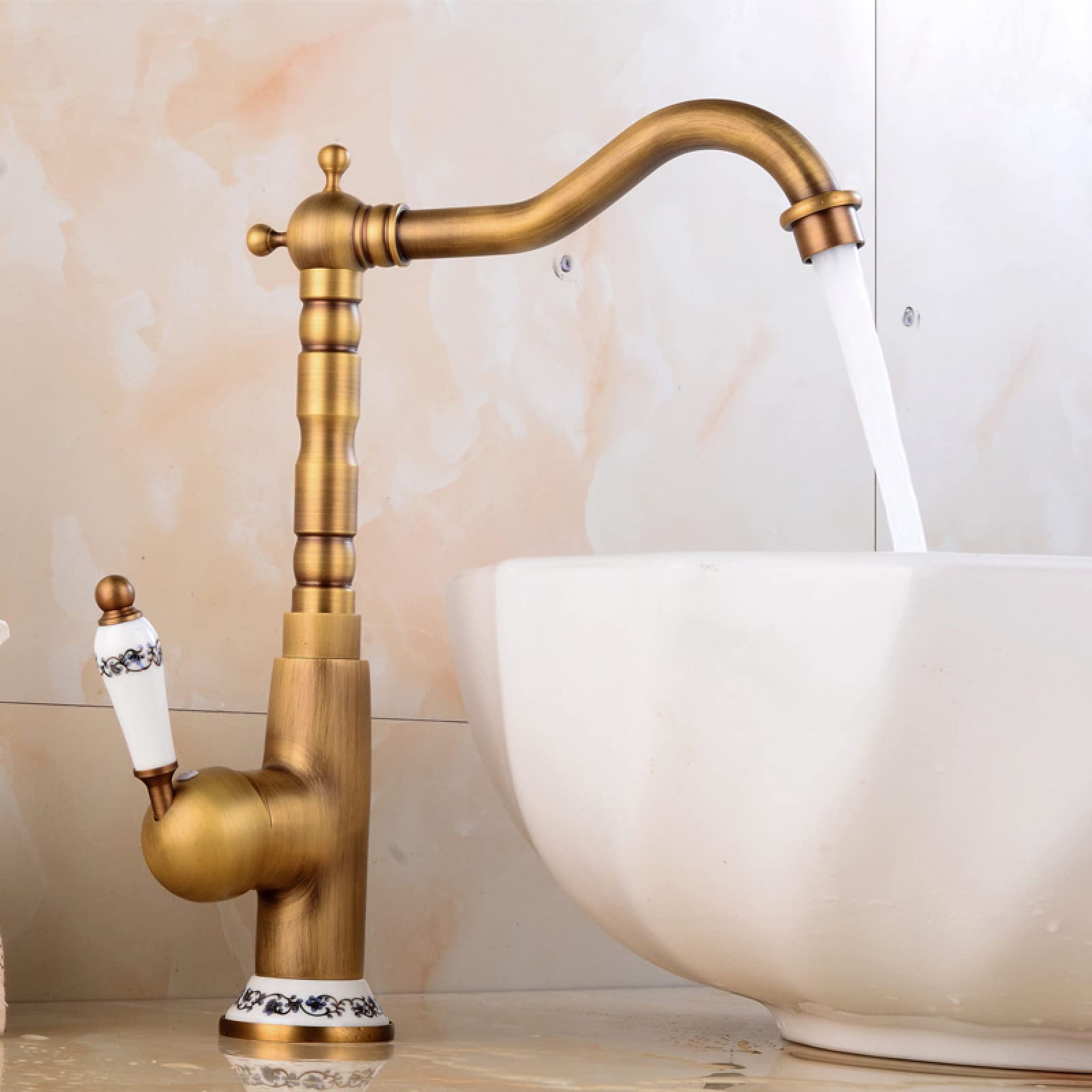 Fanjubei Blue And White Bathroom Brass Vintage Hot And Cold Basin With Black Faucet,