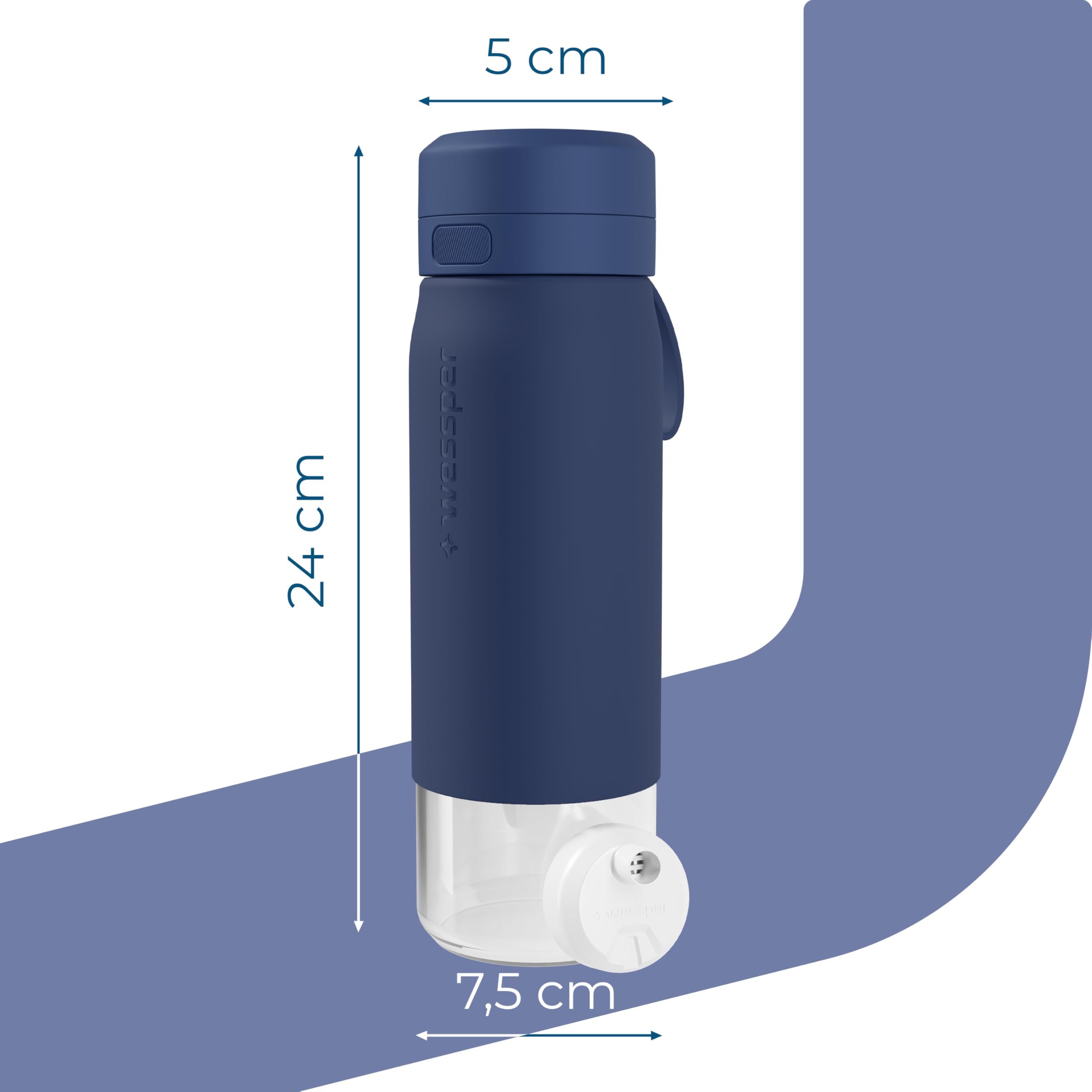 Wessper Borraccia Filtrante, 700 ml, Borraccia Vetro Borosilicato, Bottiglia con Filtro Actitex DISC, Contatore di Sostituzione del Filtro Integrato, Riduce il Cloro, BPA FREE - Blu
