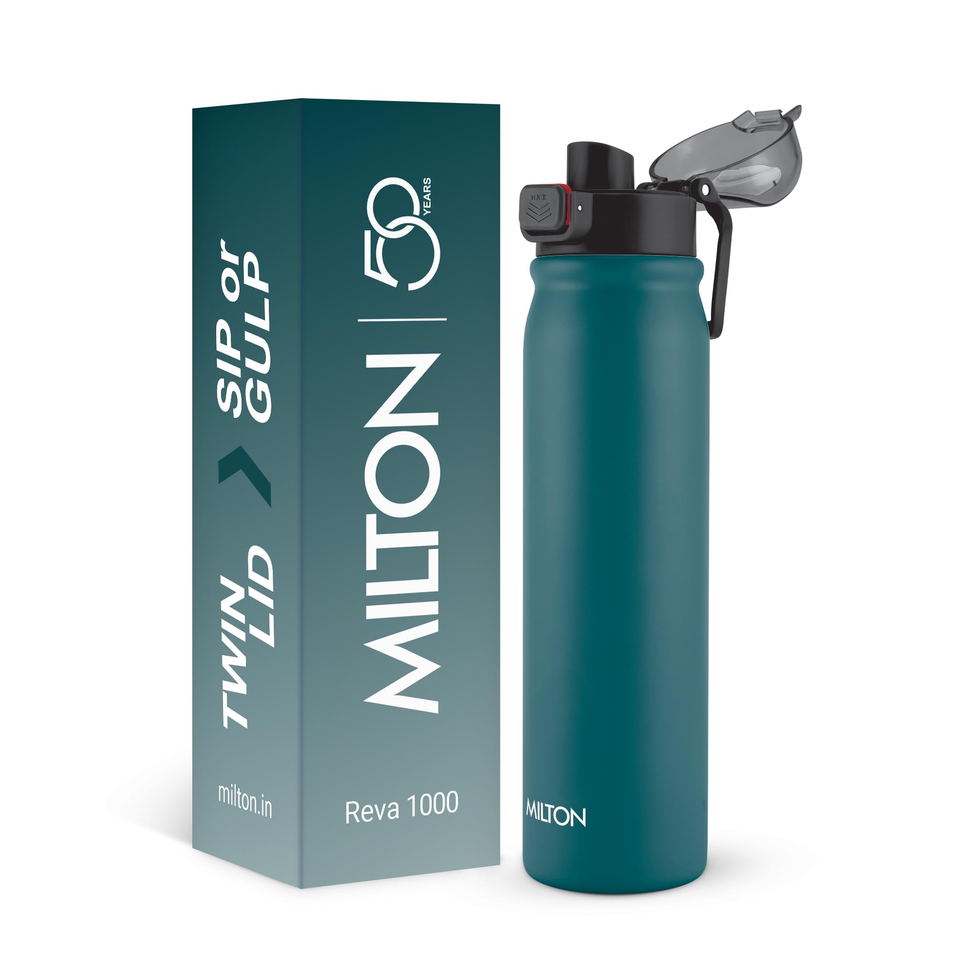 MILTON Reva 1000 ISI Certified Stainless Steel Water Bottle with Twin Lid Sip or Gulp, 1 Litre | Single Wall, BPA-Free, Leakproof | Sturdy Handle | Ideal for Home, Office, Gym & Travel, Teal Blue-image-8