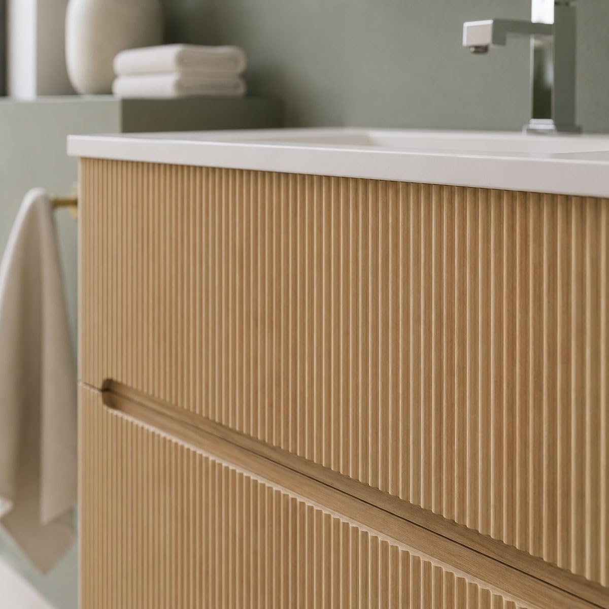 Yellowshop | Mobile Bagno Sospeso FLY 100 cm - 2 Cassetti con Lavabo Ceramica, Finitura Cannettata, Chiusura Soft-Close Rovere Tabacco (Mobile con lavabo)