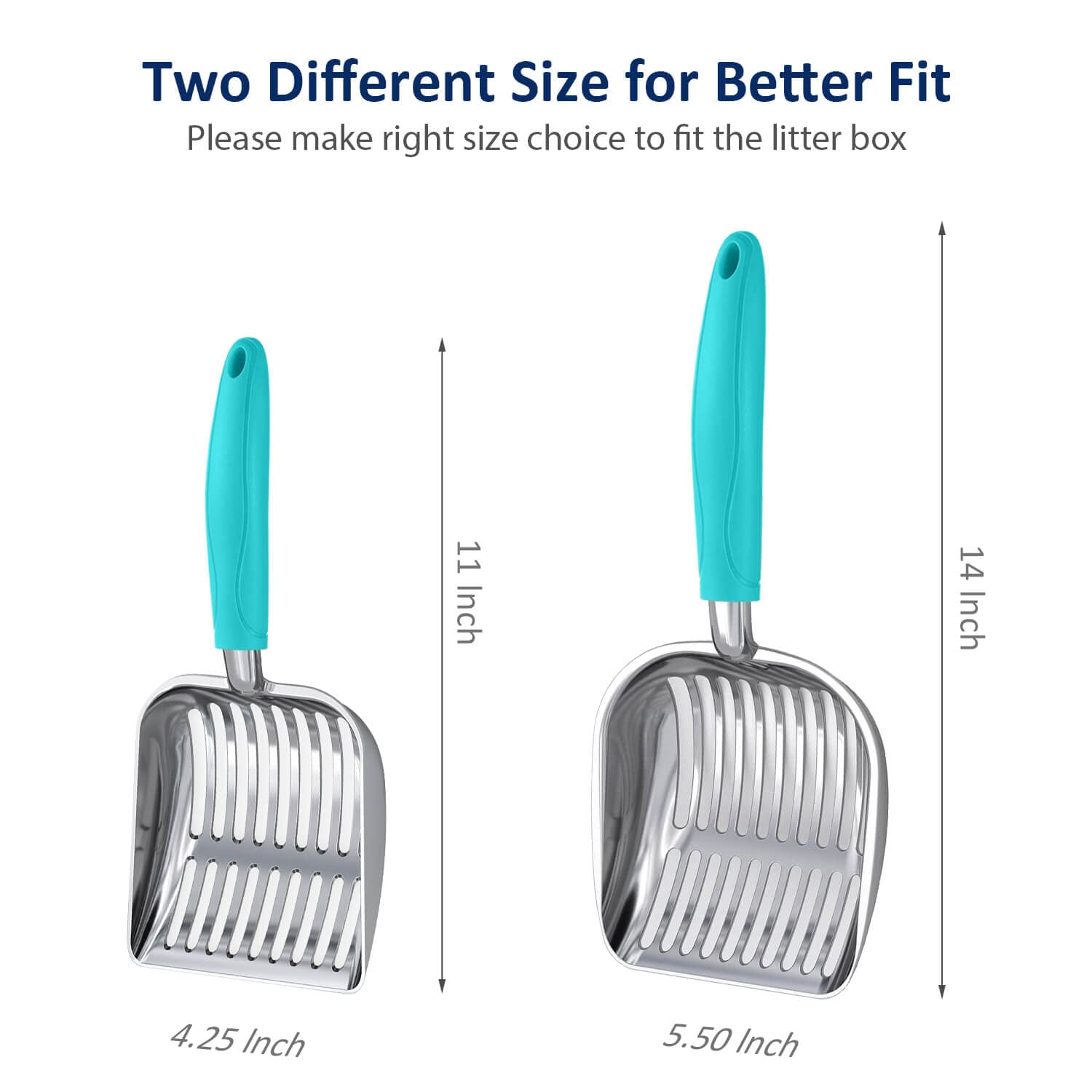 WePet Pala de arena para gatos, tamiz de aleación de aluminio, pala profunda, mango largo, caca de popa, elevador de caca, resistente, para caja de arena, aluminio pulido con mango azul turco