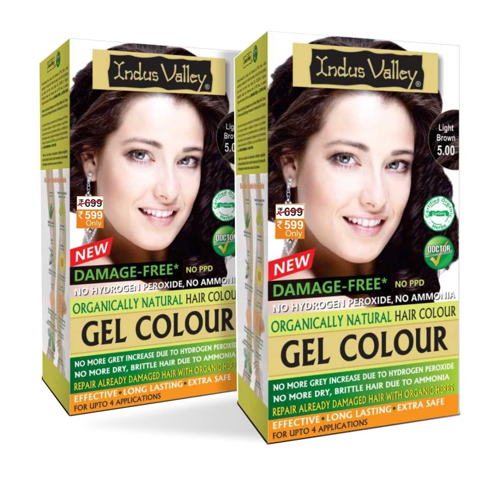 INDUS VALLEY Damage Free Natural Gel Hair Colour For Women | Ammonia & Ppd Free Organic Hair Colour With 100% Grey, Long Lasting Conditioning Hair Color | Light Brown 5.0 - Pack Of 2 (2X220 = 400 Ml)