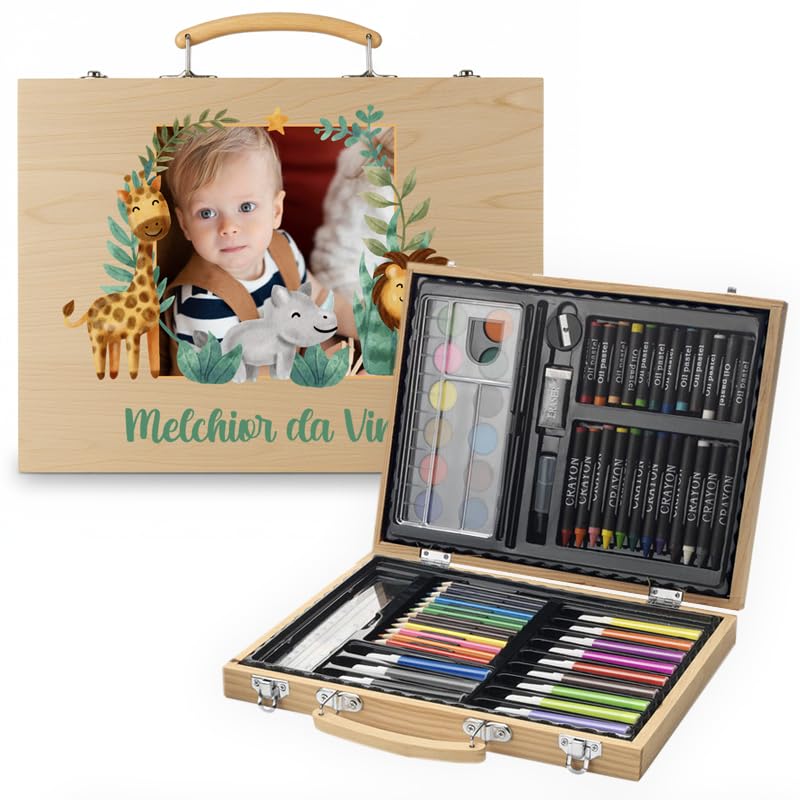 Amikado - Maletín de dibujo personalizado con foto y nombre - Tema Safari floral - Impresión UV en color - Estuche artístico completo para niños - Regalo creativo y único