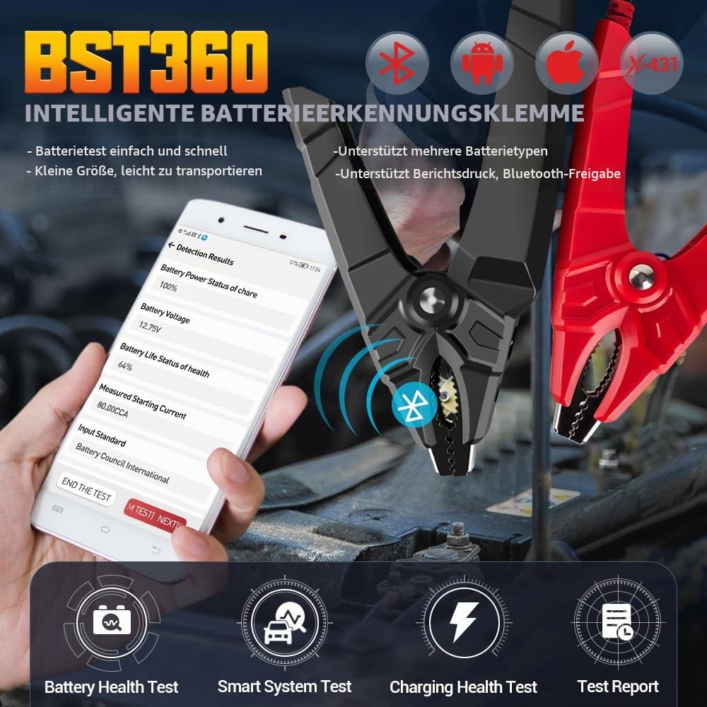 LAUNCH BST360 6V 12V Auto-Batterie-Tester, Bluetooth-Batterie-Ladungstester Ladekurbel-System-Analysator für Android/iPhone/Launch X431, 100-2000 CCA Lichtmaschine Tester Voltmeter