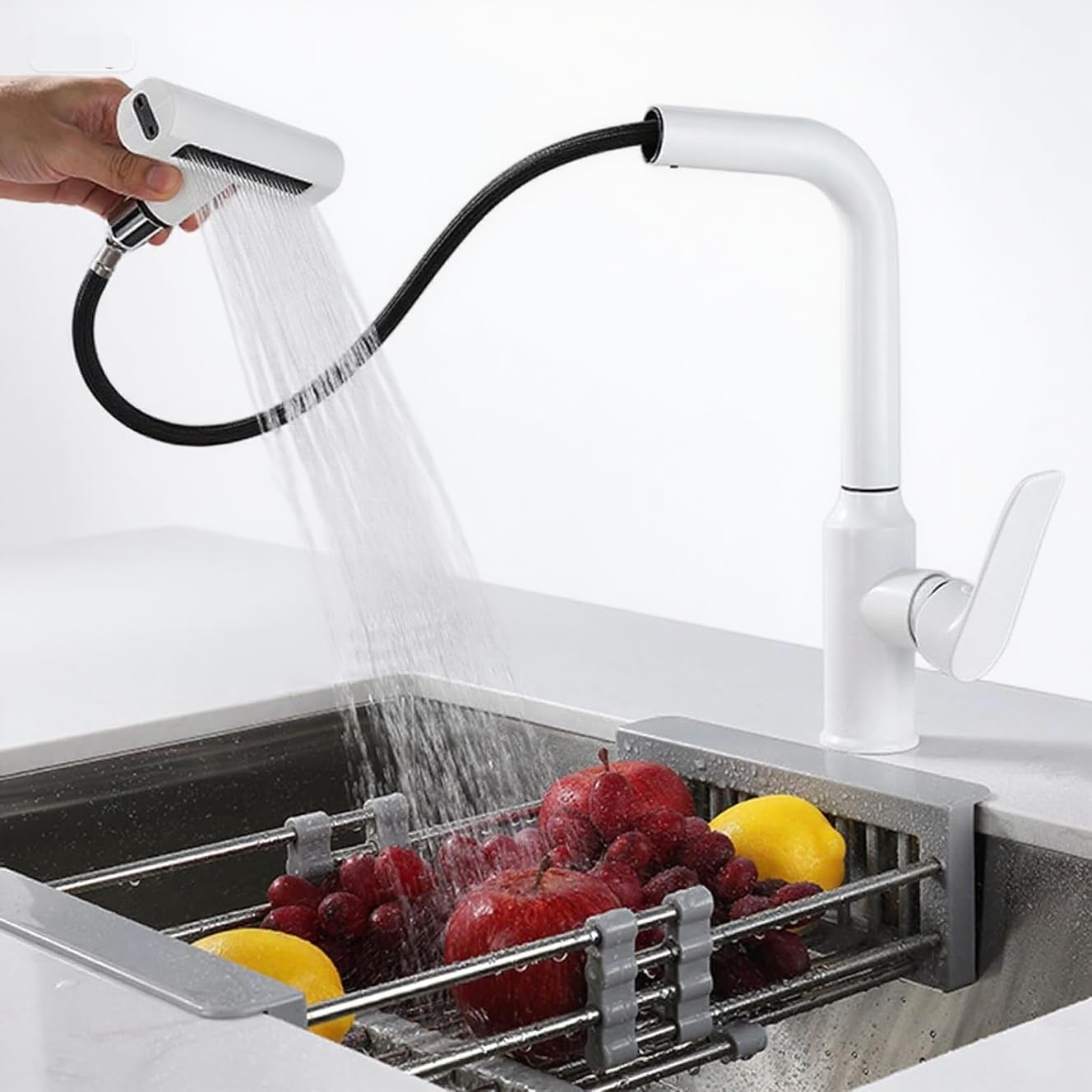 Kitchen Sink Faucet with Pull-Out Spray, 360° Swivel, 4 Spray Modes, White (White)