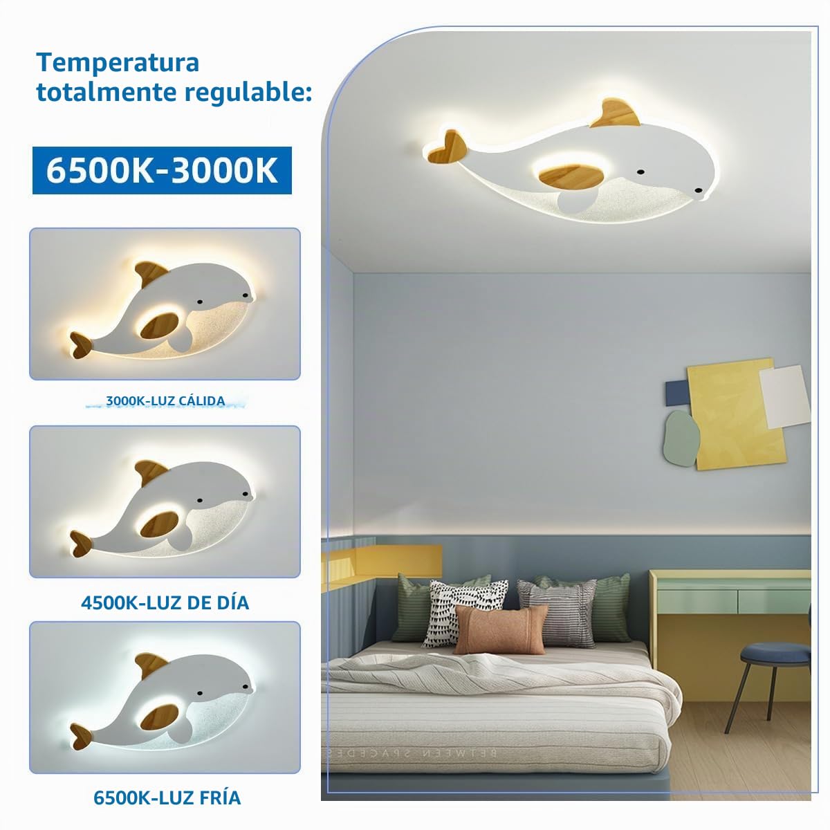 Lampara Techo Dormitorio Infantil,Forma DelfíN Plafon Led Techo Grano Blanco Y De Madera,Dimmable Con Control,28W Plafones Para Techo Led Para Cocina Decoracion Habitacion,50 * 34Cm