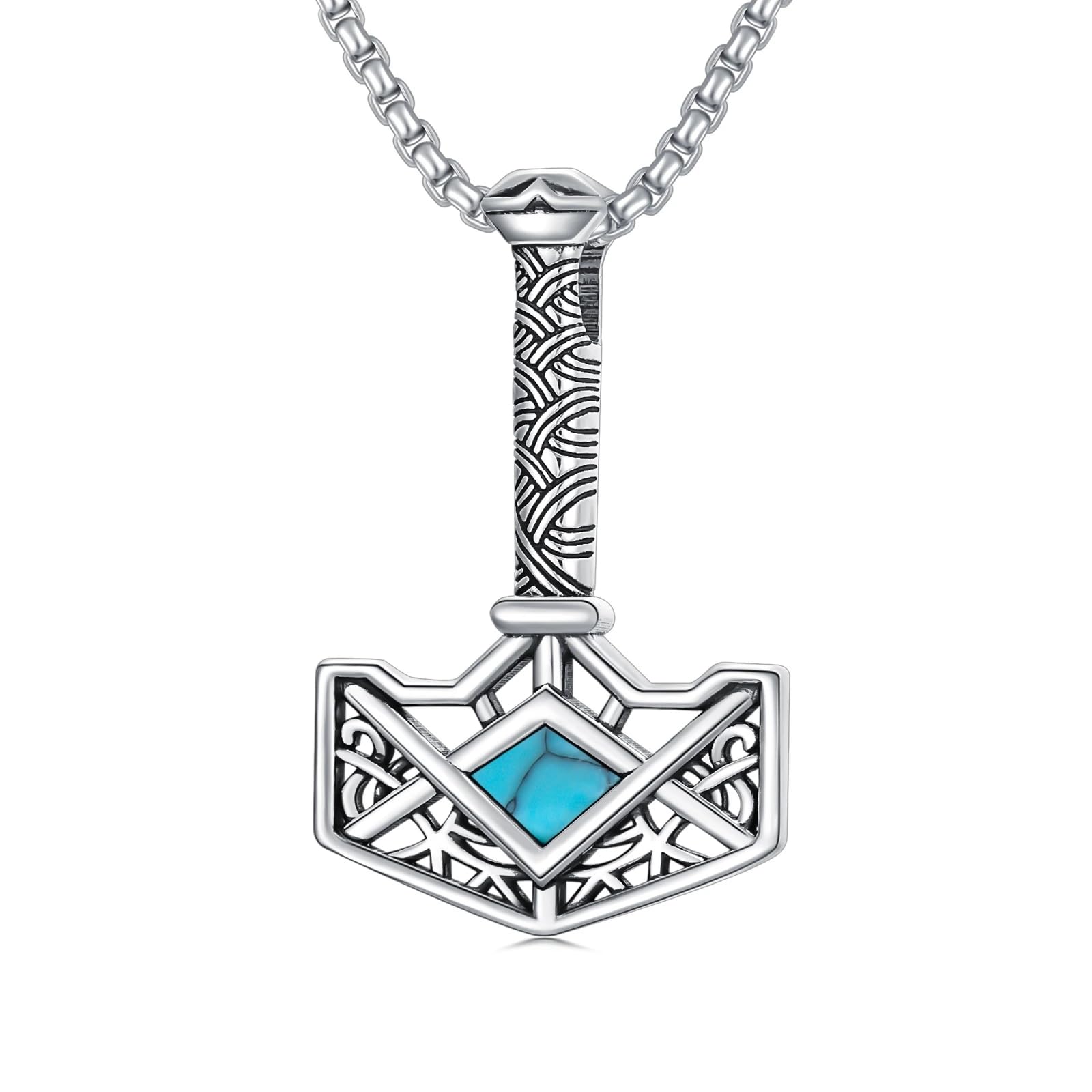 PELOVNY Thor Hammer Necklace 925 Sterling Silver Turquoise/Snake Pendant Viking Jewelry for Anniversary Birthday Christmas Gifts Men Women