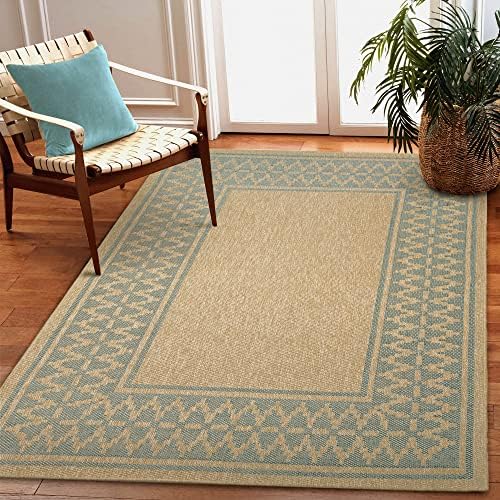 Liora Manne Sahara Indoor/Outdoor Power Loomed Synthetic Blend Low Profile Area Rug - Transitional Border Casual Southwestern Accent (Diamond Border Aruba) (6'6" x 9'4")