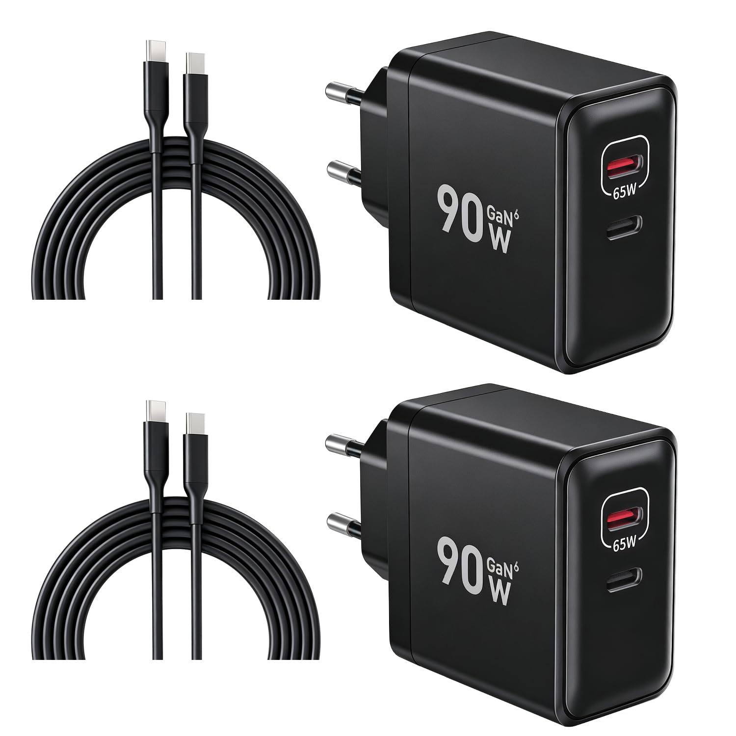 HSSNS 90W USB C Ladegerät, 2-Pack 2 Port Schnellladegerät mit Kabel, GaN PD Charger für iPhone 17/16/15 Series, MacBook Pro, iPad, Galaxy, Pixel und mehr