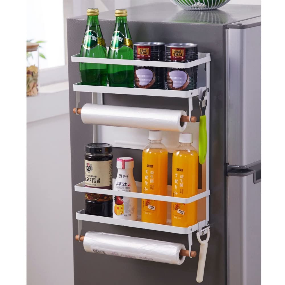 Magnetisch kruidenrek, opvouwbare koelkastopslagplank, 2-laags kruidenrek en 2 papieren handdoekhouder Ruimtebesparende organisator voor keukenbadkamer (Color : White
