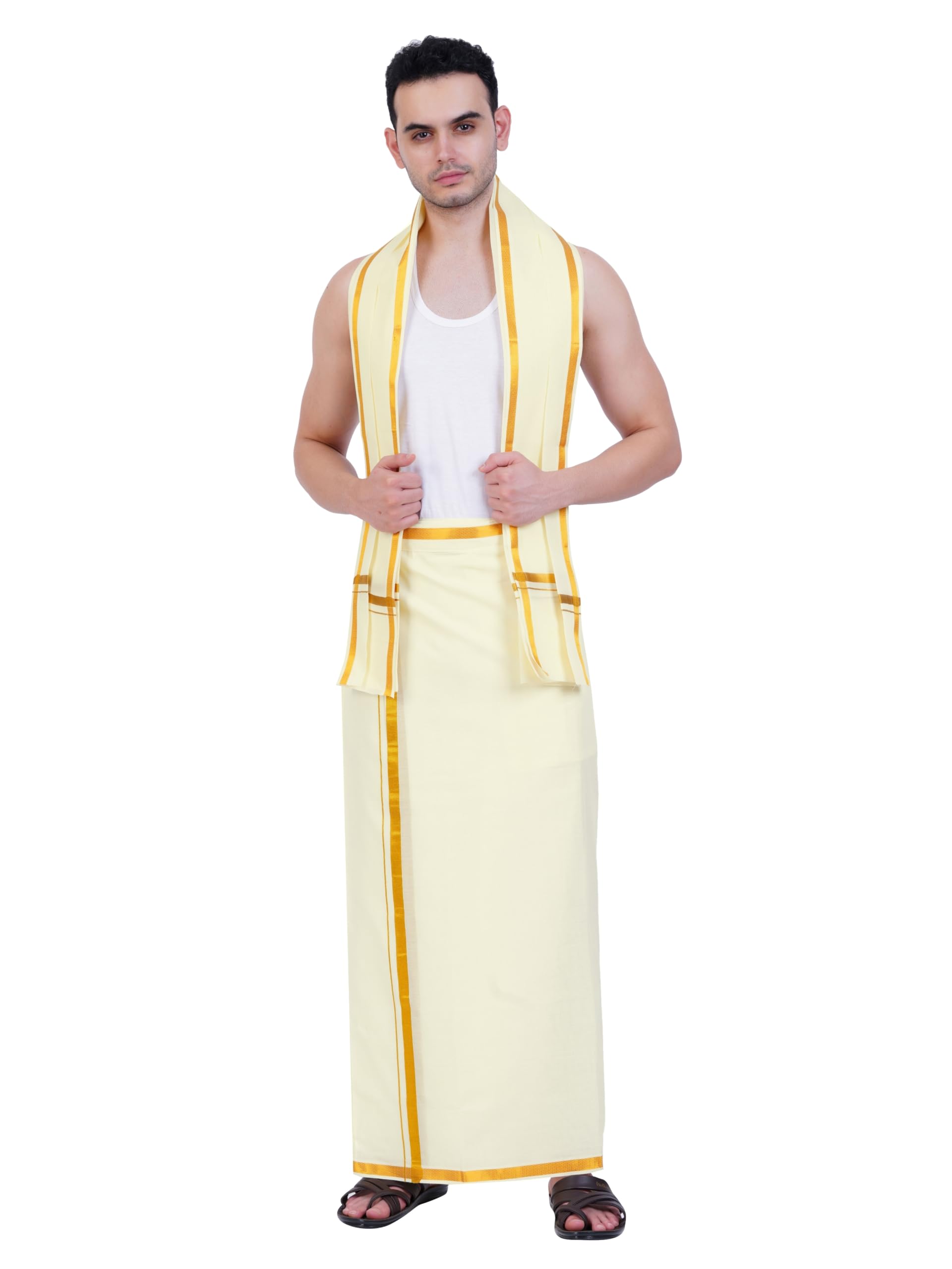Prakasam Cotton Mens White Colour Zari Cotton Welcro Pocket Jumbo Dhoti With Matching Towel (Cream, 56)