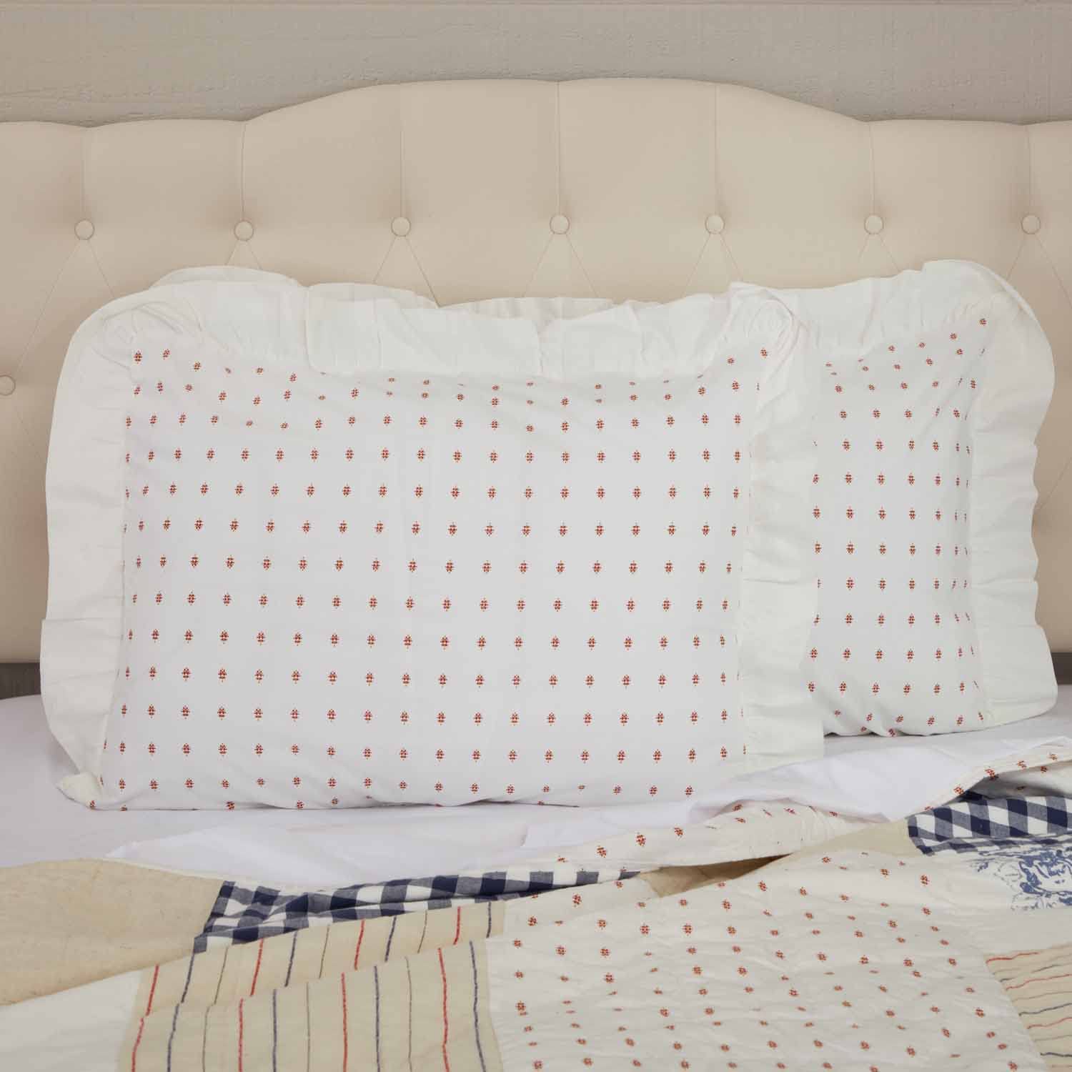 Piper ClassicsAbigail Ruffled Standard Sham, 27" L x 21" W, Queen or Standard Size Bed Pillow Cover, Soft White Fabric with Red Mini Print, Farmhouse or Cottage Bedding