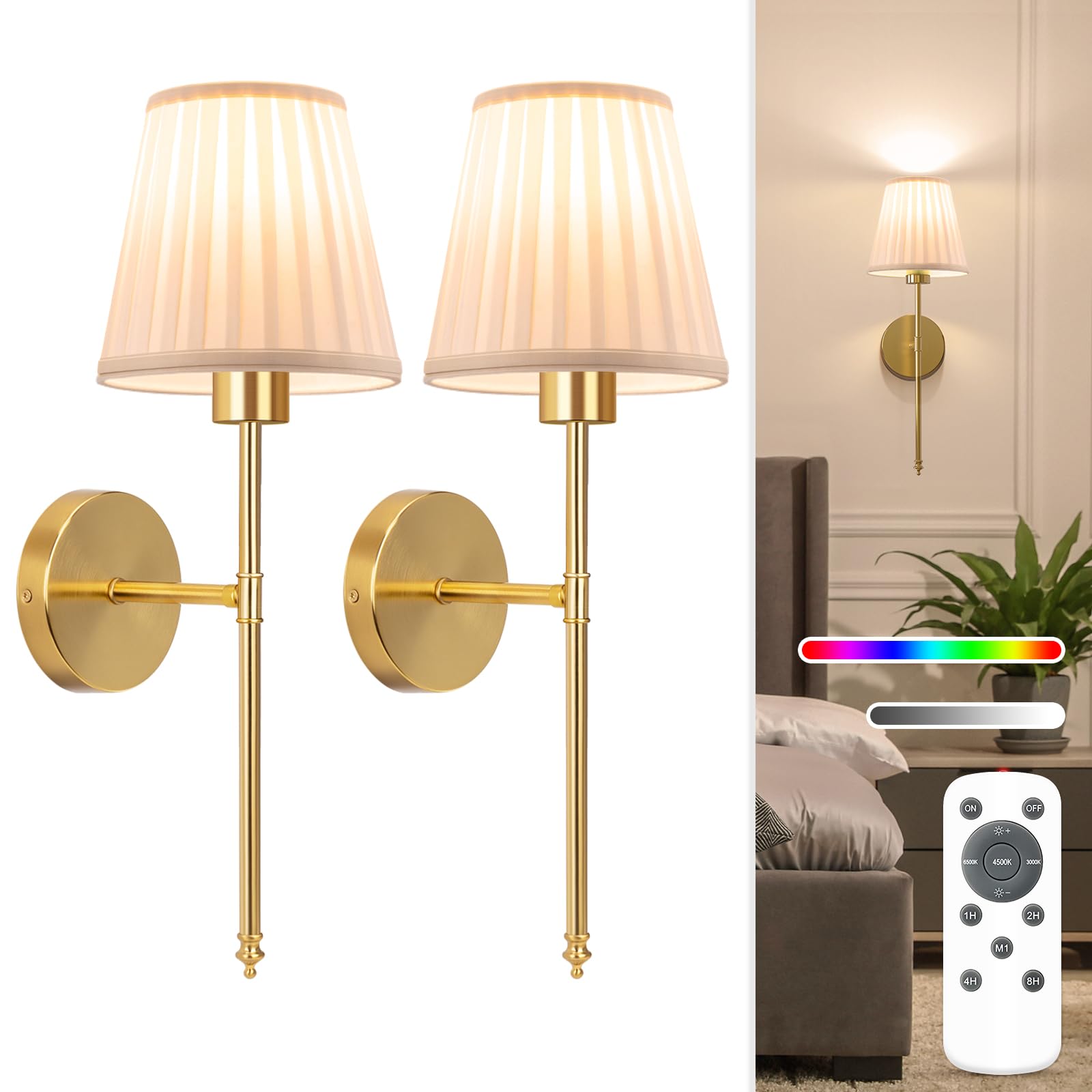 NIORSUN 19.9 inch Battery Operated Wall Sconce Set of 2,Beige Gold Rechargeable Wall Lights with 10400mAh Dimmable Bulbs and Remote, 9 Colors Wireless Wall Lamps for Bedroom Living Room Decor