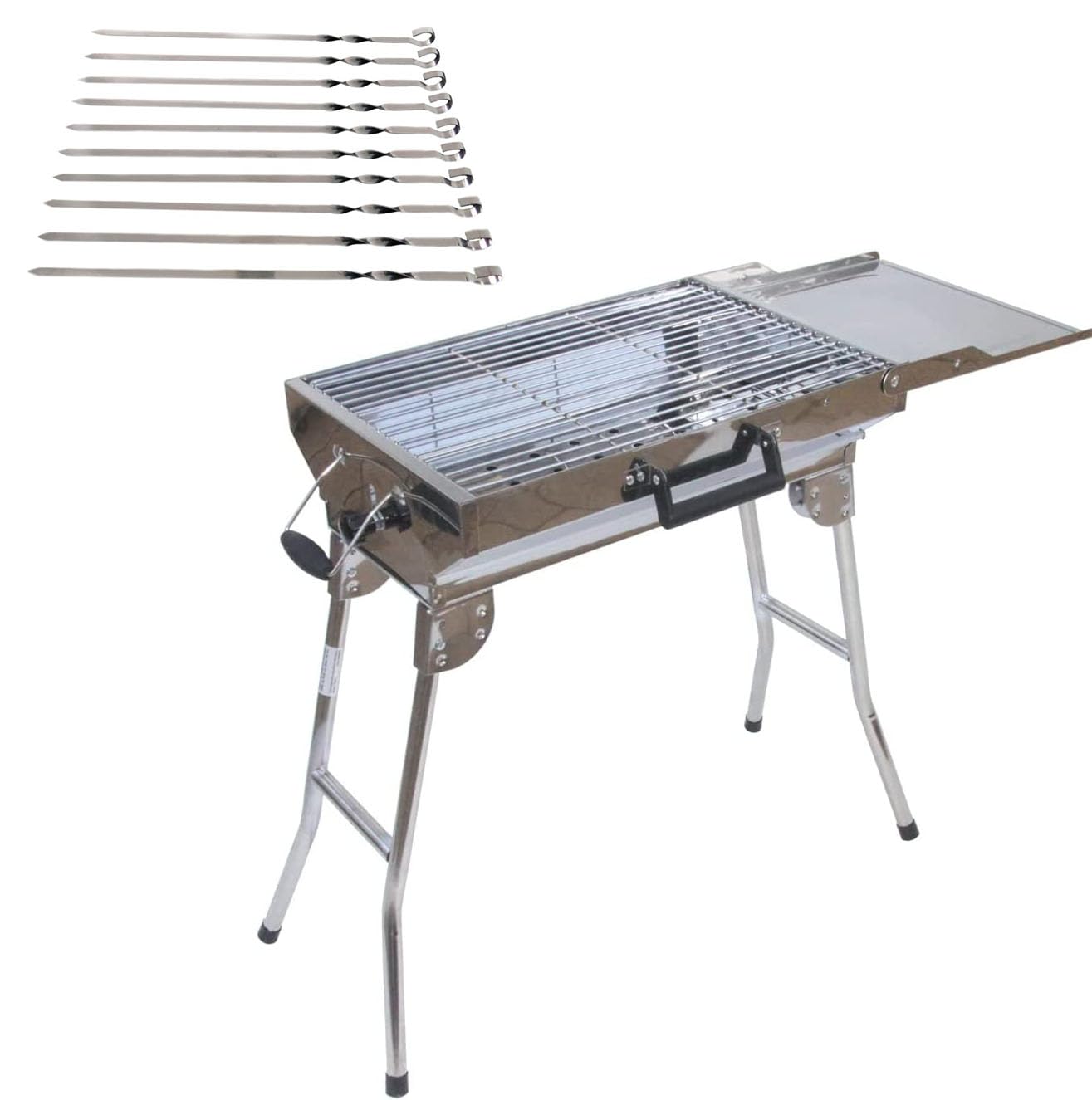 Mangal Aladin, inoxidable con patas plegables + 20 pinchos / acero inoxidable, parrilla de carbón vegetal, portátil, compacta, barbacoa, bolsa de transporte incluida