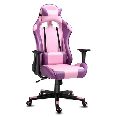 Modern-Depo Gaming Chair with Headrest and Lumbar Support, Height Adjustable Swivel Office Chair, High-Back Recliner, Purple Pink - Purple Pink