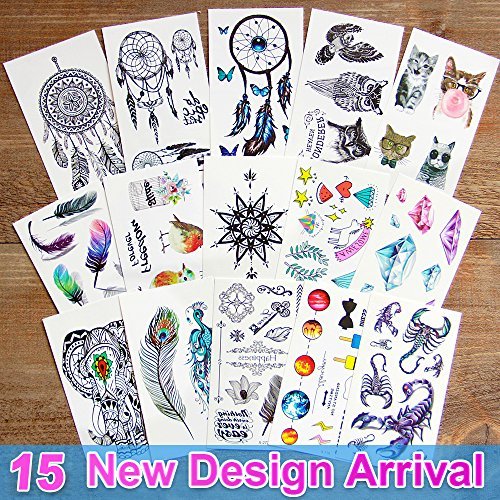 Leoars Small Kids Temporary Tattoos, Waterproof Paper 3D Body Tattoos Sticker, Dreamcatcher Diamond Animal Fake Tattoos for Men Women Children,15-Sheet