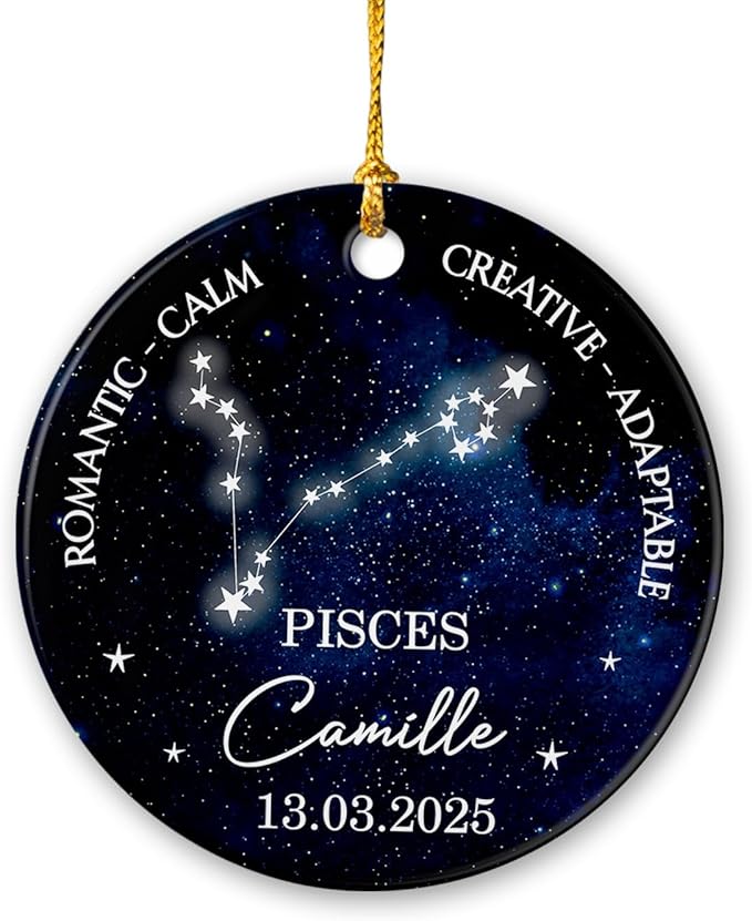 Personalized Pisces Ornament Xmas 2025, Water Sign Constellation Ornament Gift for Birthday Christmas, Custom Pisces Zodiac Ceramic with Birthdate & Name, Romantic Calm Creative Adaptable Ornaments