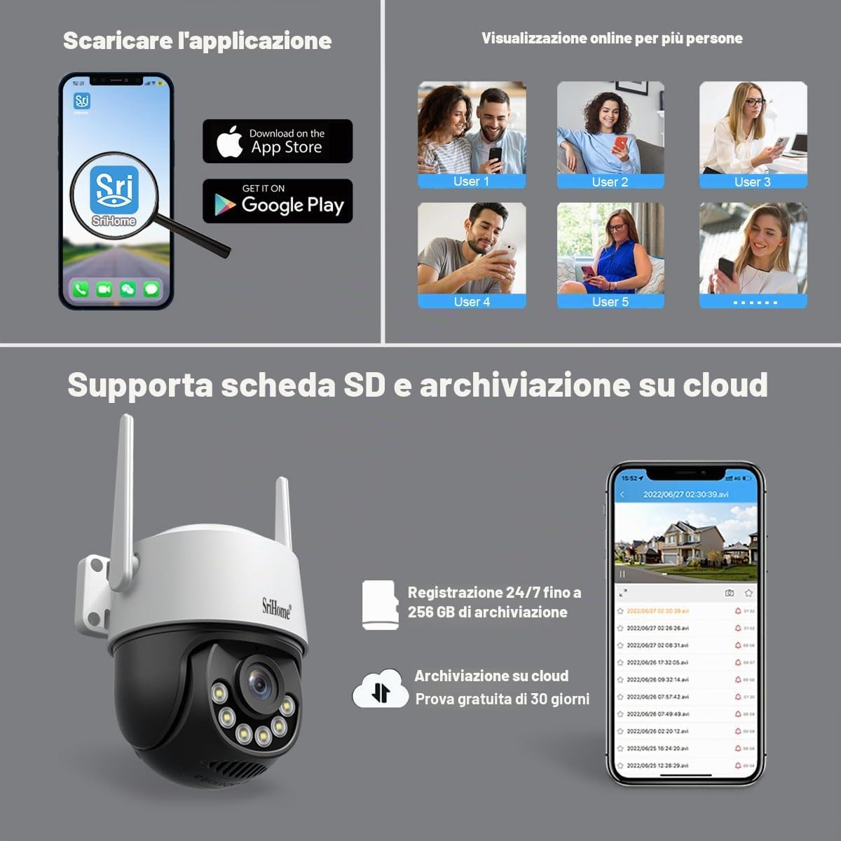 SRIHOME 8MP 2.4/5GHz PTZ telecamera di sorveglianza WiFi esterna 3X elettronico Zoom Monitoraggio Automatico Rilevamento Umano Audio Visione Notturna bidirezionale
