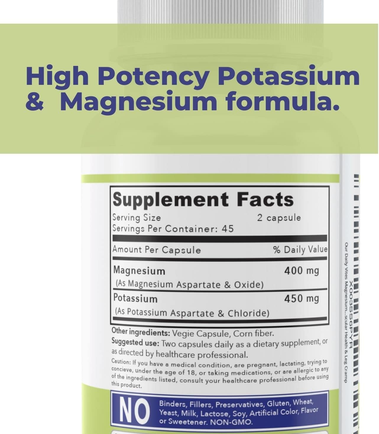 Our Daily Vites Magnesium Potassium Complex 90 Capsules Supplement High Absorption Magnesium Aspartate Oxide Support Vascular Health & Leg Cramp Potassium Aspartate Chloride