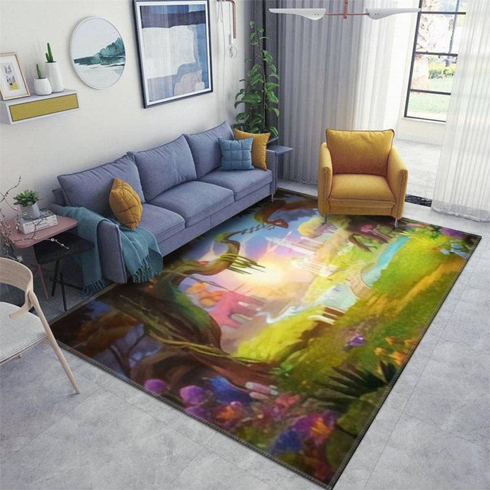 Indoor Area Rugs Pad Fantasy Land Grass and Hill River and Tree with Fantastic Realistic Non Slip Washable Rug Kids Carpet Playmat for Living Room, Children Bedrooms, Playroom Outdoor Rugs
