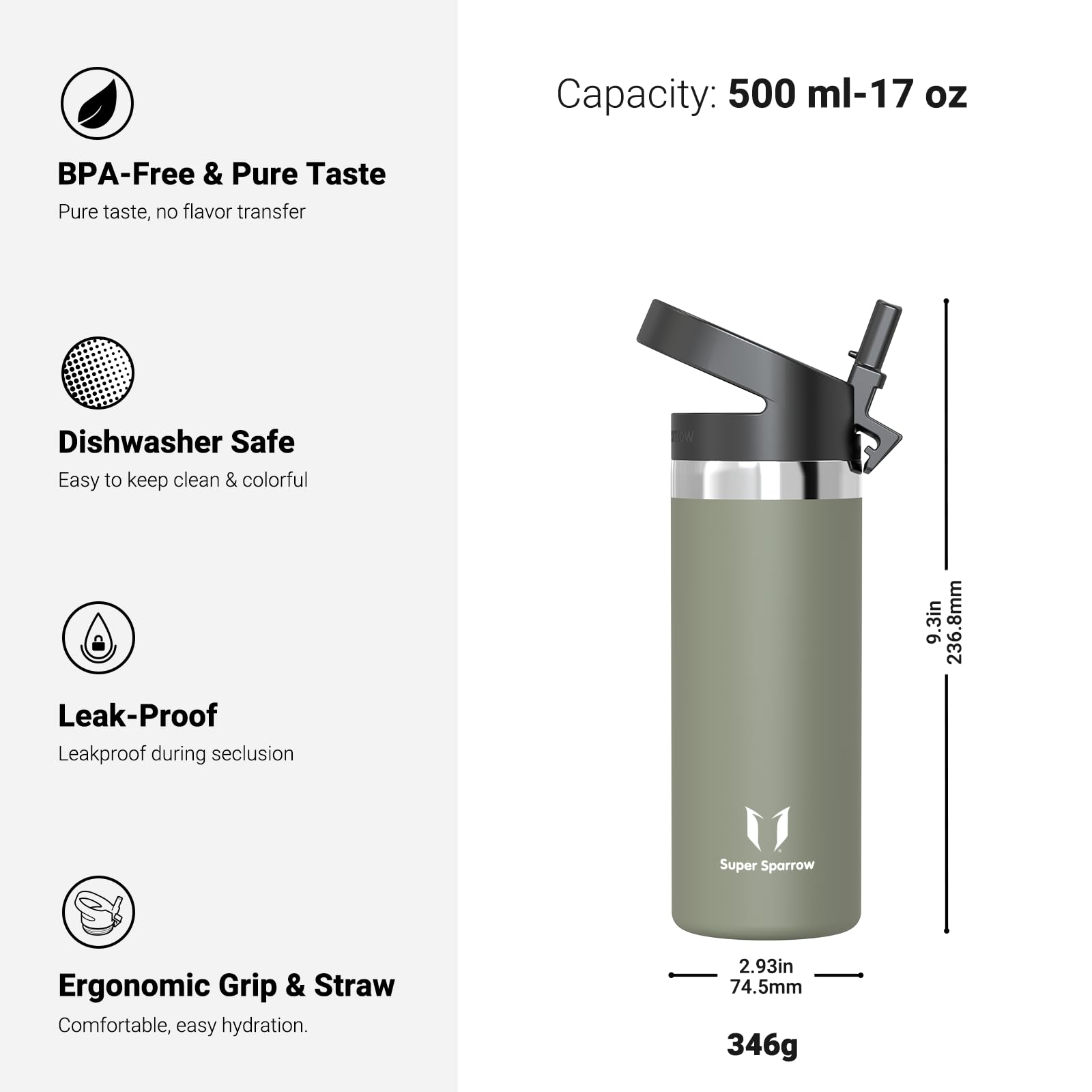 Super Sparrow Borraccia Termica - 500ml, 750ml, 1L - SwivelSip Inox Bottiglia - Senza BPA Borracce Termiche, Borraccia Bambini Ergonomica per Scuola, Sportiva, Bici, Campeggio, Palestra