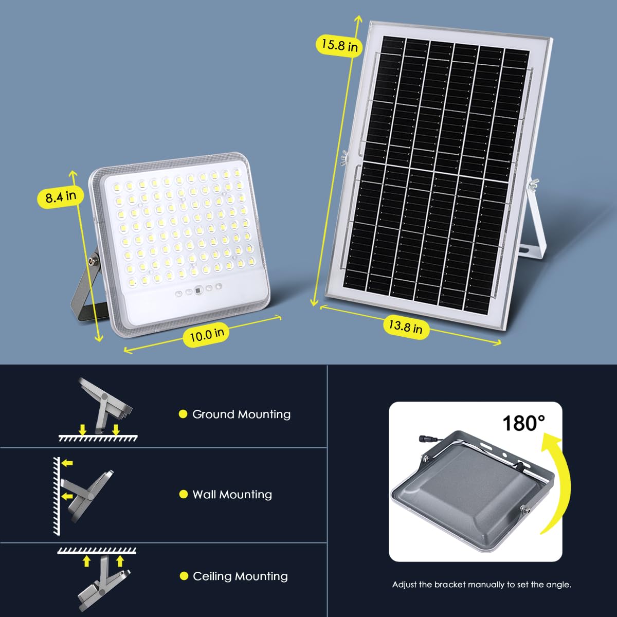 YACAISI Lumières d'inondation solaires extérieures imperméables, 10000Mah solaire alimenté à l'extérieur de la lumière de rue, éclairage commercial de sécurité du crépuscule à l'aube