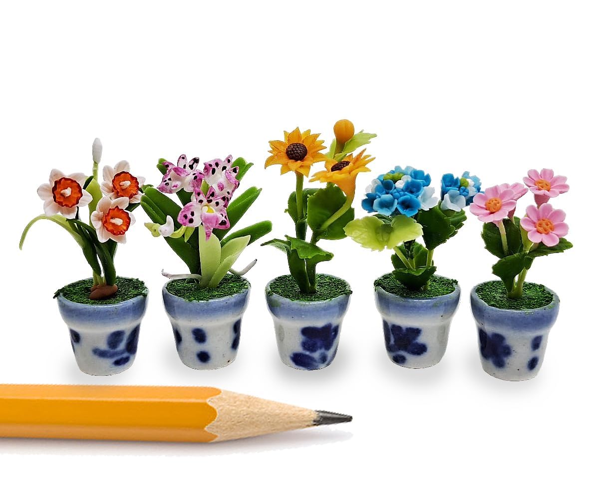 WitnyStore Tiny 1½" High 5 Pieces Set Mix Sunflower Orchid Hydrangea Zinnia - Hand Made Artificial Flowers Colorful Miniature Realistic Clay Flower