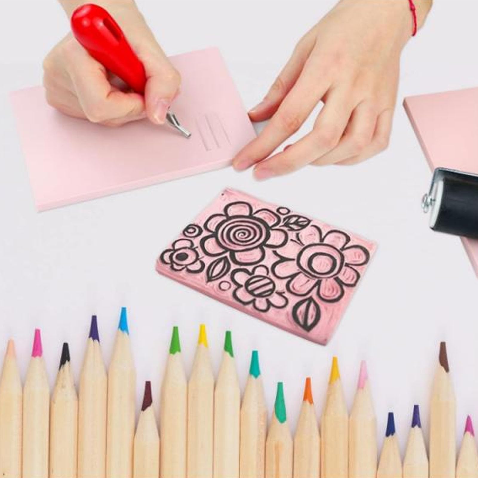 8 Częściowy Zestaw do Robienia Stempli, Gumowy Blok do Rzeźbienia, Zestaw Noży do Linoleum, Narzędzia do Rzeźbienia Linorytu do Drukowania Blokowego Materiały Graficzne