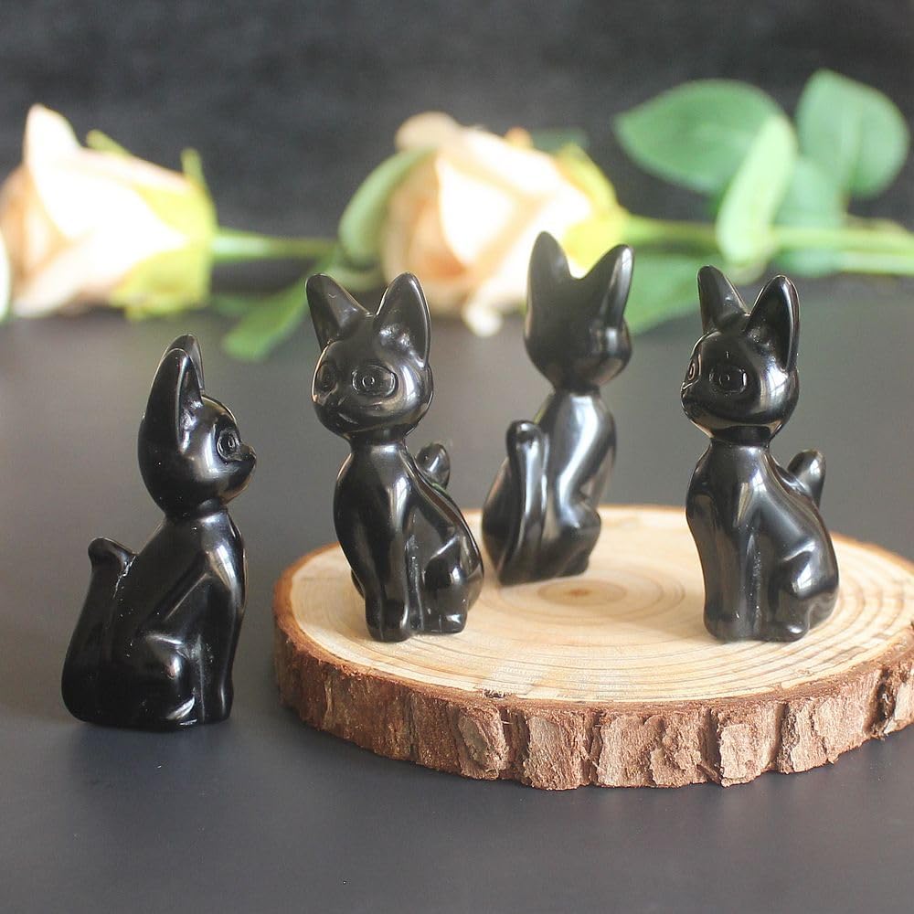 Hand Carved Gemstone Crystal Abyssinian Egyptian cat Figurine Animal Statue Carving Office Room Home Decor 2'' (Black Obsidian) - Image 5