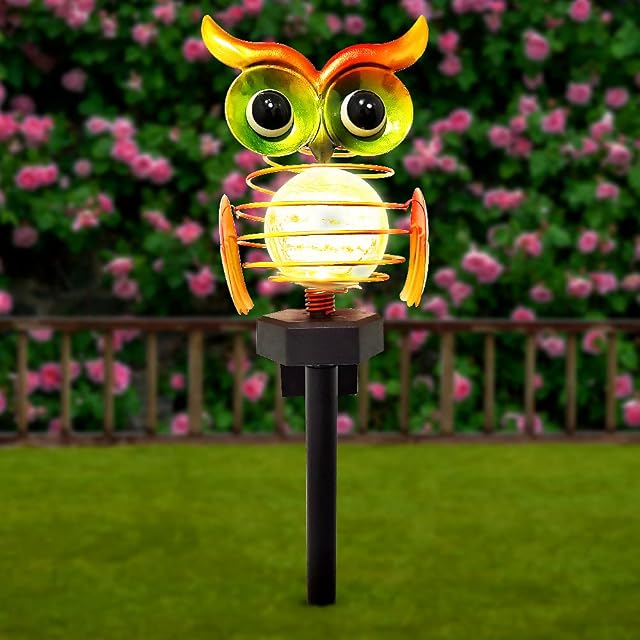 Solar Garden Lights Outdoor, Solar Powered Owl Stake Lights Waterproof Decor, Solar Powered Crackle Glass Globe Lights Outdoor Warm White Owl LED Lights for Yard Lawn Patio Pathway Walkway(Red)