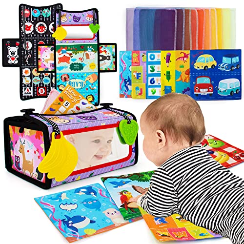 Image of Cawgug Tummy Time Toys, Black and White High Contrast Baby Book Tissue Box Toys with Sensory Crinkle Papers, Baby Toys 0-6-12 Months Brain Developmental Toddler Flash Cards
