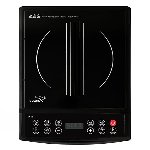 V-Guard VIC 1.2 Induction Cooktop| 1200-Watt Electric Induction Stove With 7 Cooking Modes Push button| Auto-cutoff | 4 Hour Timer Function | Black