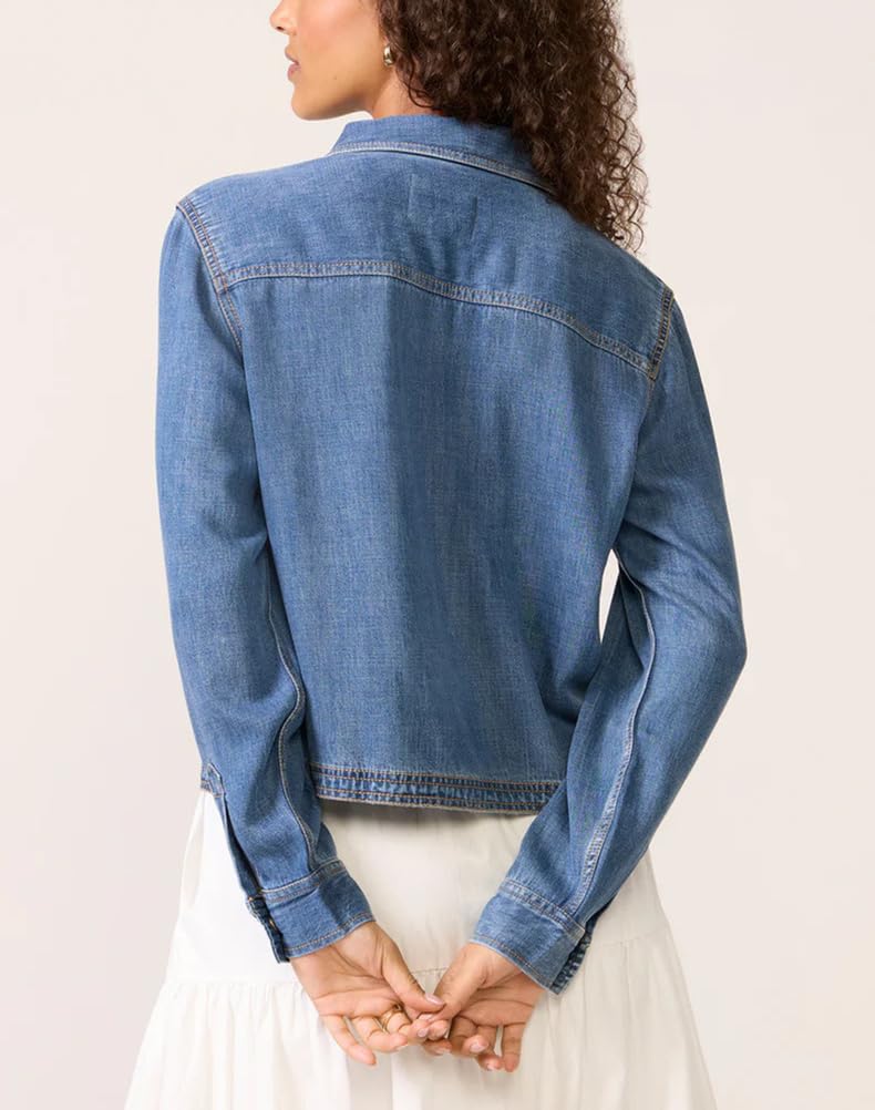 Chemise en Jean Décontractée pour Femmes À Col en V Manches Longues Boutonnée Et À Enfiler