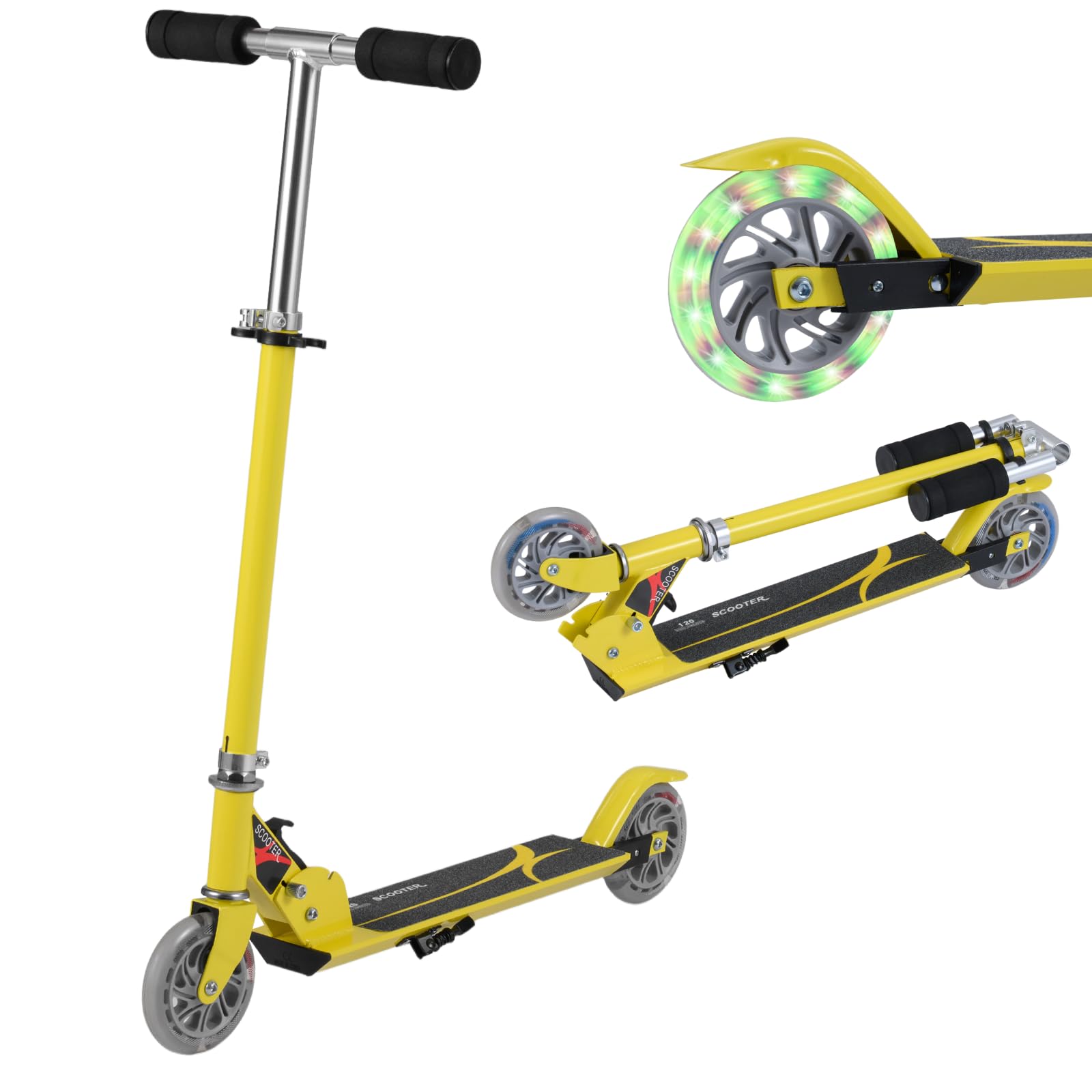 COSTWAY Kids Kick Scooter, Light Up LED 2 Wheeled Scooters for Ages 4 to 13 Children Girls Boys, Adjustable T-bar Foldable Push Board Maximum Load 70KG (Yellow)
