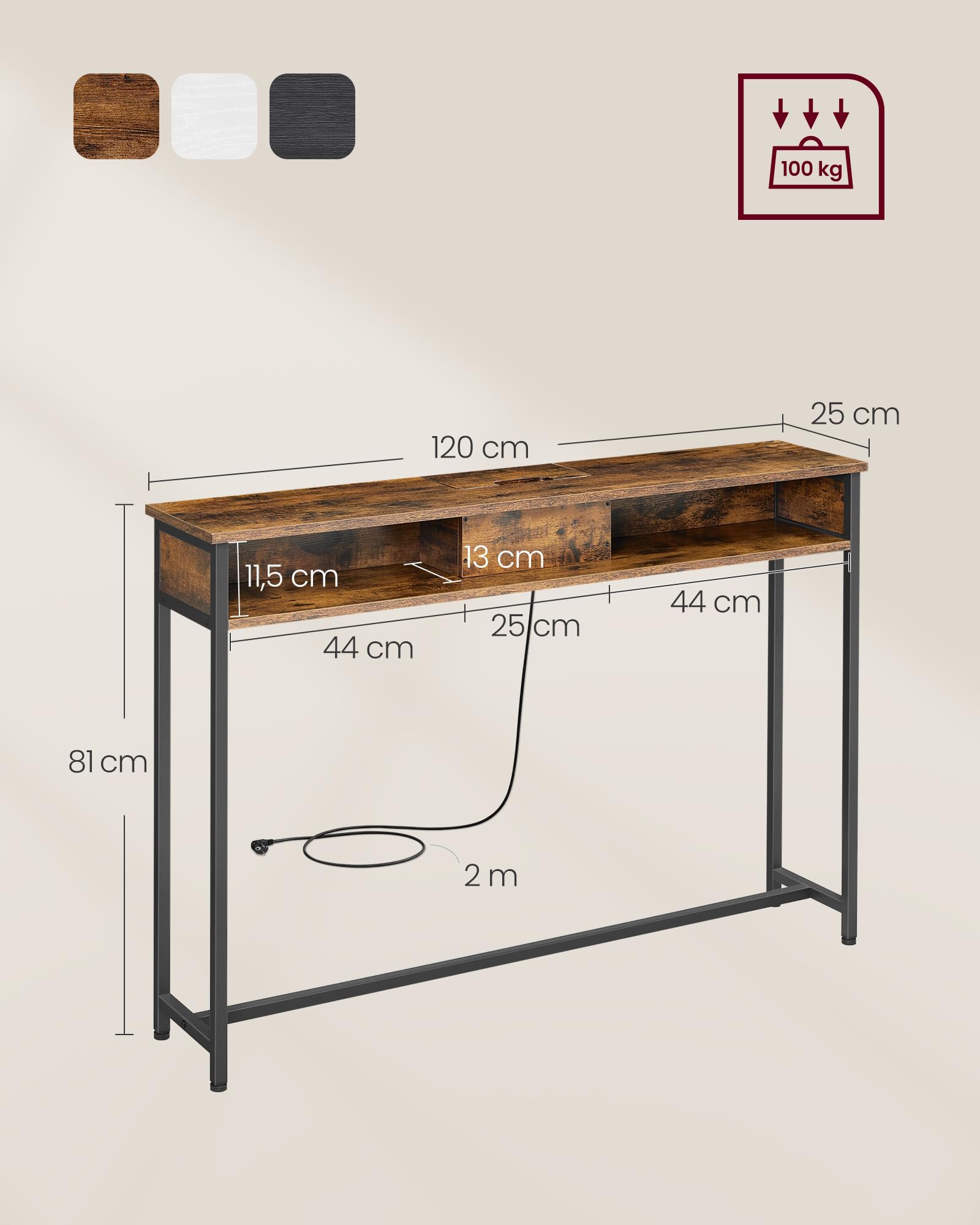 VASAGLE Table Console Fine avec Multiprise, Table de Canapé avec 2 Compartiments, Chargement Caché, Gain de Place, 25 x 120 x 81 cm, pour Entrée, Salon, Marron Rustique et Noir d’Encre LNT111K01